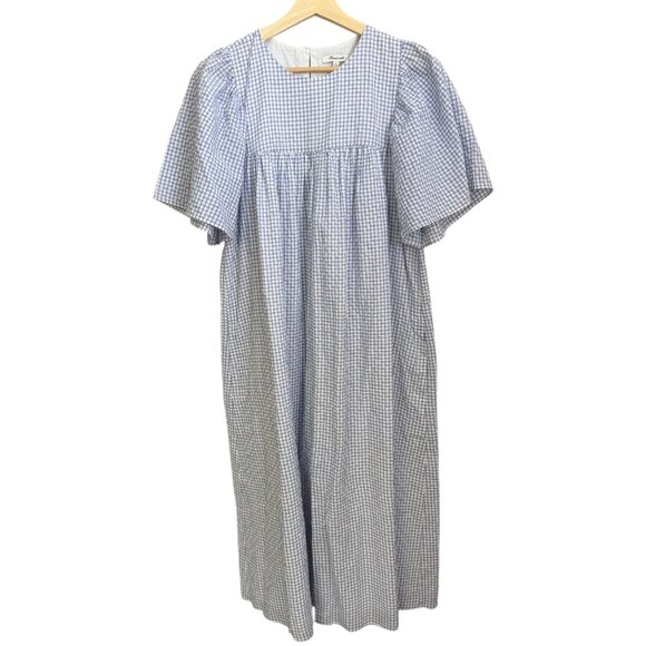 Madewell Gingham Flutter Sleeve Kaftan Midi Dress Blue Medium NA263 Cottagecore - Picture 1 of 7